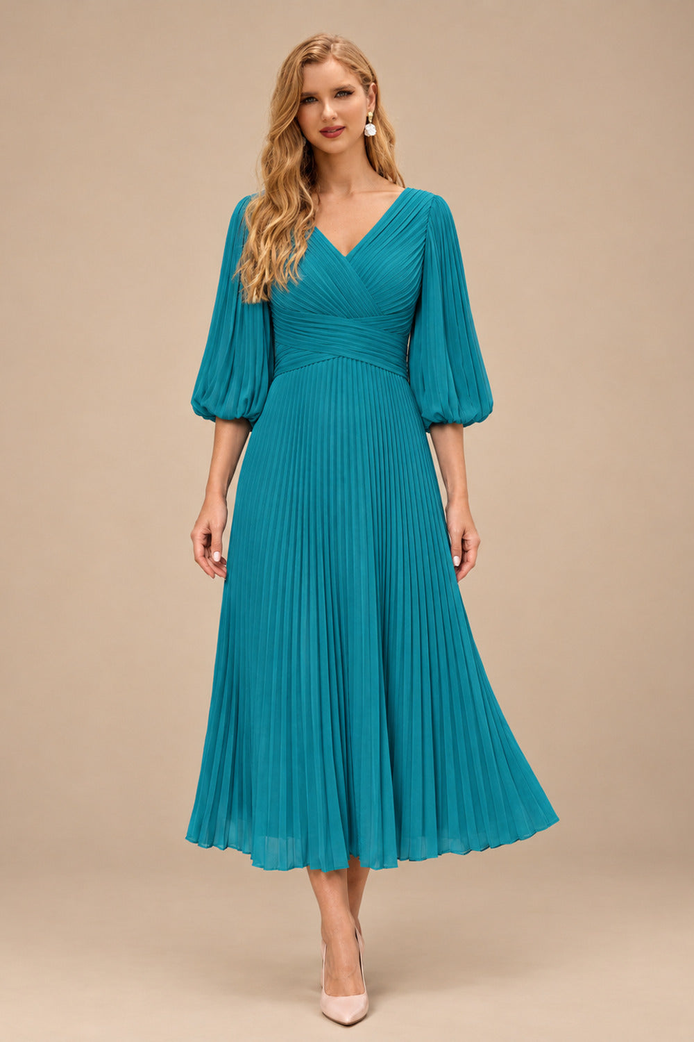 Rutipo Teal A-Line V-Neck 3/4 Sleeves Tea-Length Chiffon Mother Of The Bride Dresses With Pleated