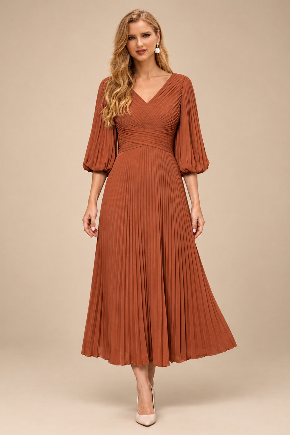 Rutipo Terracotta A-Line V-Neck 3/4 Sleeves Tea-Length Chiffon Mother Of The Bride Dresses With Pleated