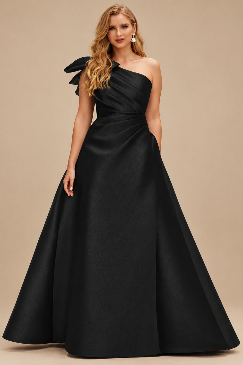 Rutipo Black A-Line One-Shoulder Satin Mother Of The Bride Dresses With Bow(s)/Pockets