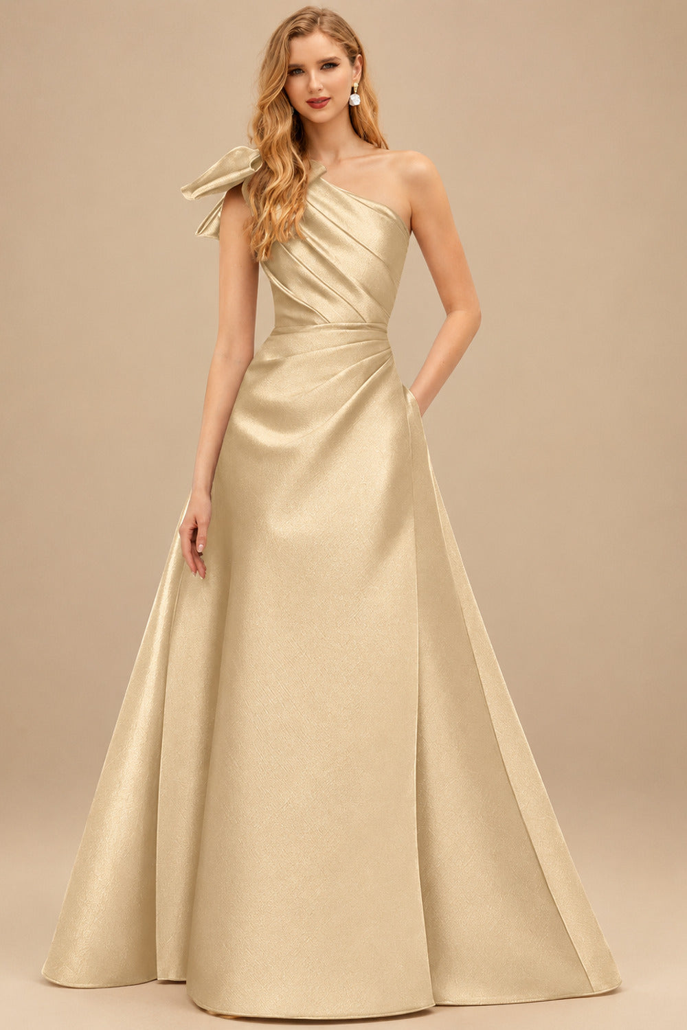 Rutipo Champagne A-Line One-Shoulder Satin Mother Of The Bride Dresses With Bow(s)/Pockets
