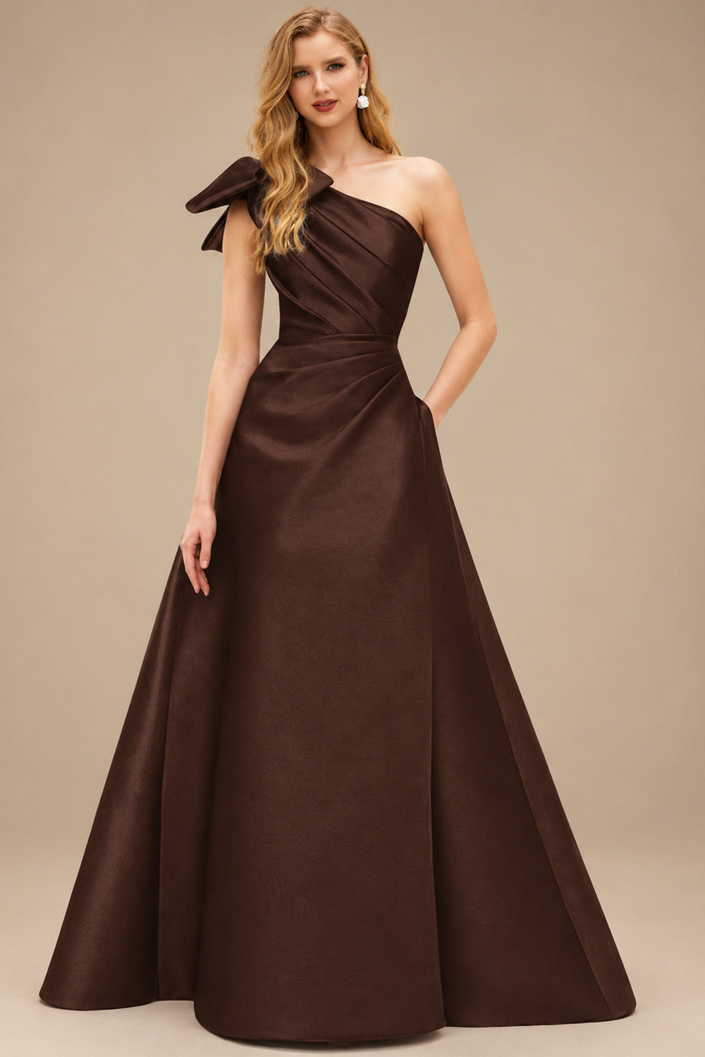 Rutipo Chocolate A-Line One-Shoulder Satin Mother Of The Bride Dresses With Bow(s)/Pockets