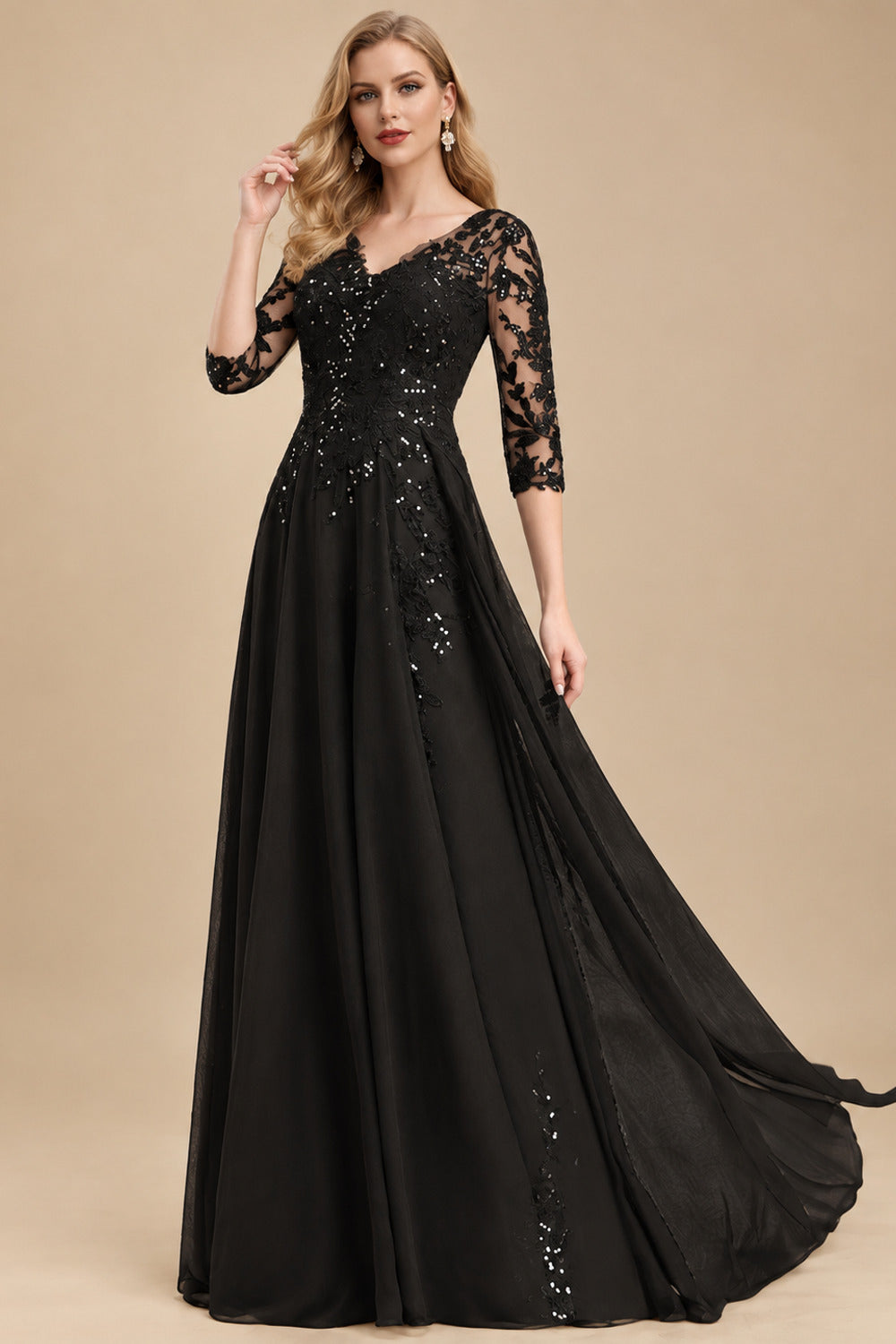 Rutipo Black Elegant V-Neck 3/4 Sleeves Floor-Length Chiffon Mother Of The Bride Dresses With Appliques Lace