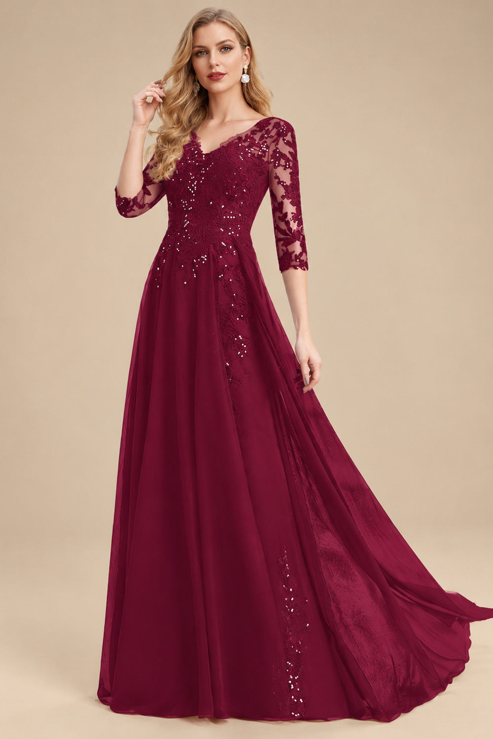Rutipo Burgundy Elegant V-Neck 3/4 Sleeves Floor-Length Chiffon Mother Of The Bride Dresses With Appliques Lace