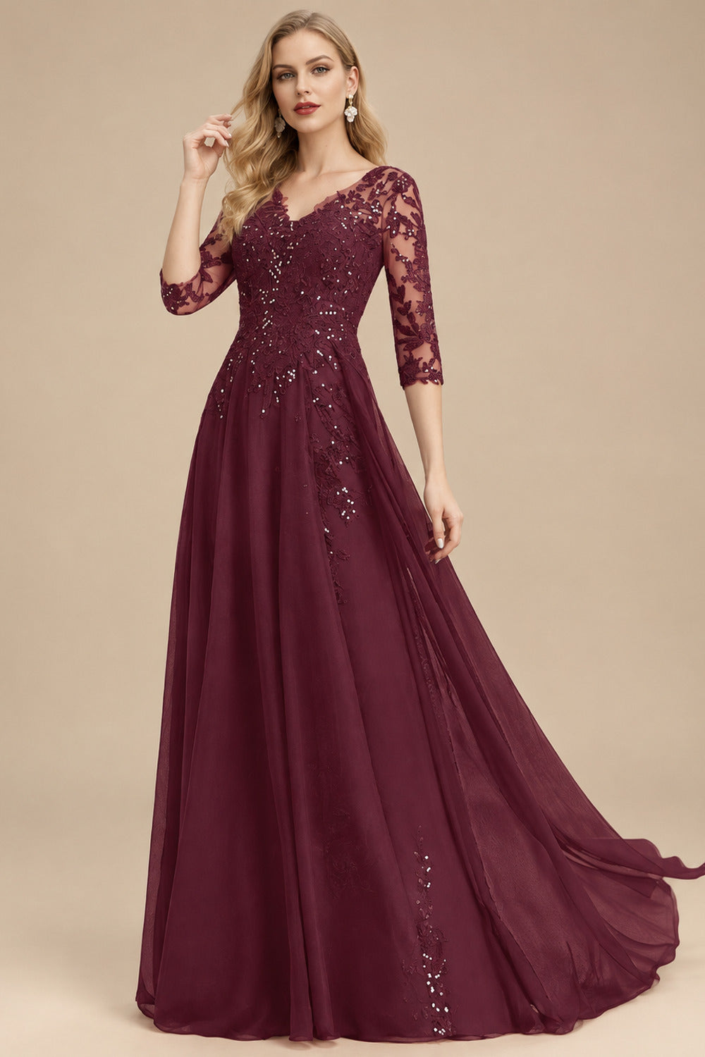 Rutipo Cabernet Elegant V-Neck 3/4 Sleeves Floor-Length Chiffon Mother Of The Bride Dresses With Appliques Lace
