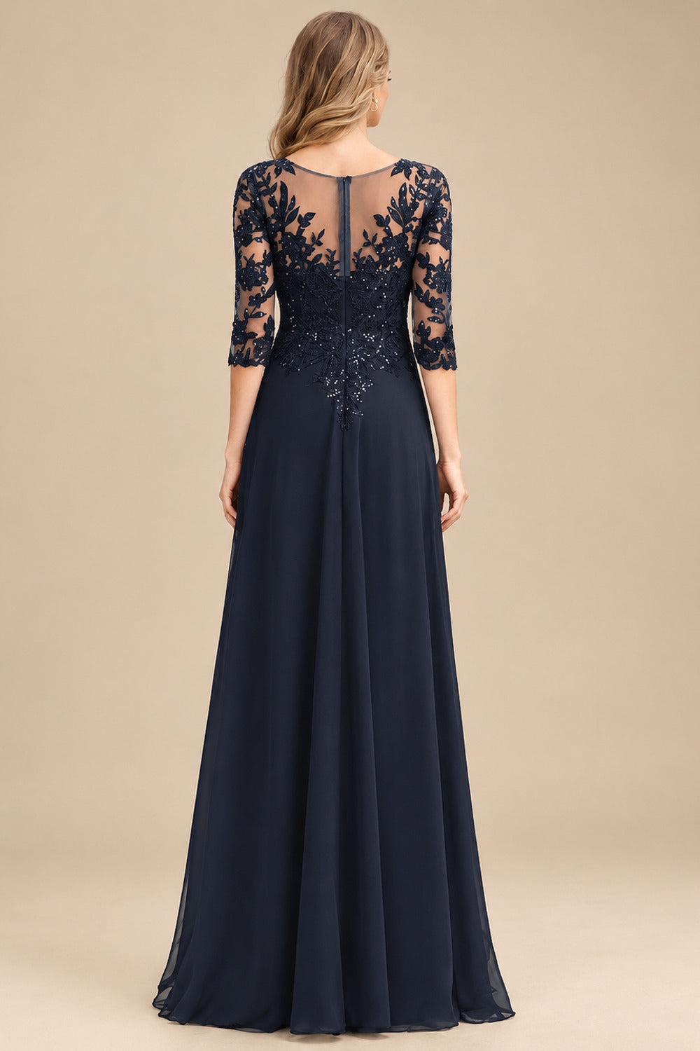 Rutipo Dark Navy Elegant V-Neck 3/4 Sleeves Floor-Length Chiffon Mother Of The Bride Dresses With Appliques Lace