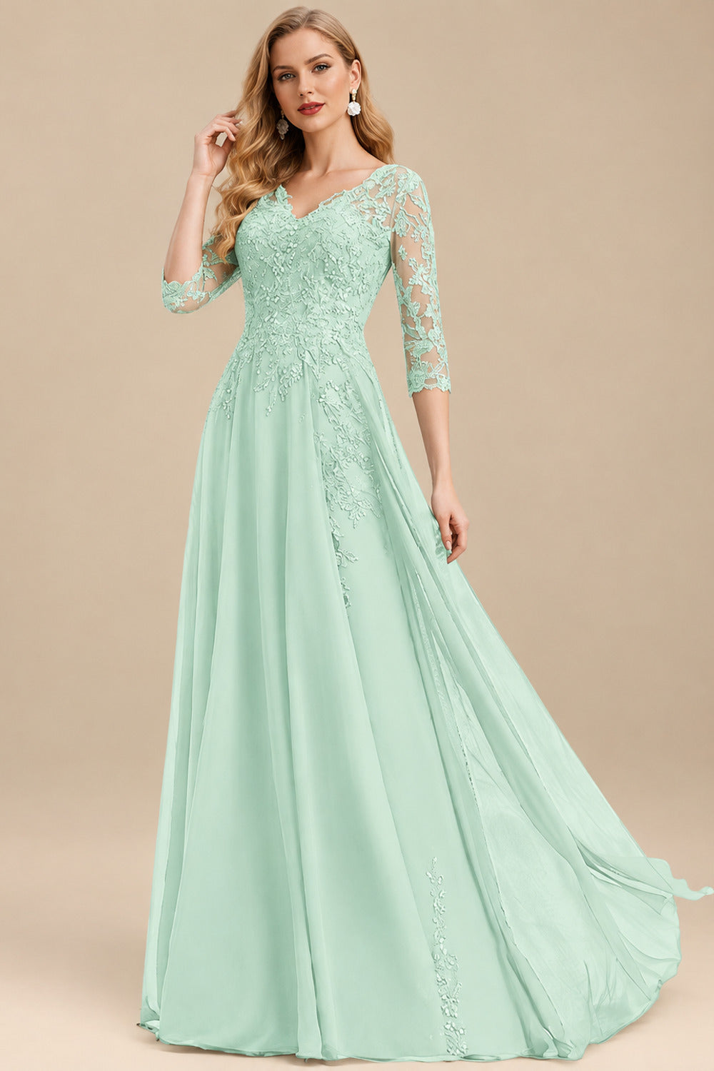 Rutipo Mint Green Elegant V-Neck 3/4 Sleeves Floor-Length Chiffon Mother Of The Bride Dresses With Appliques Lace