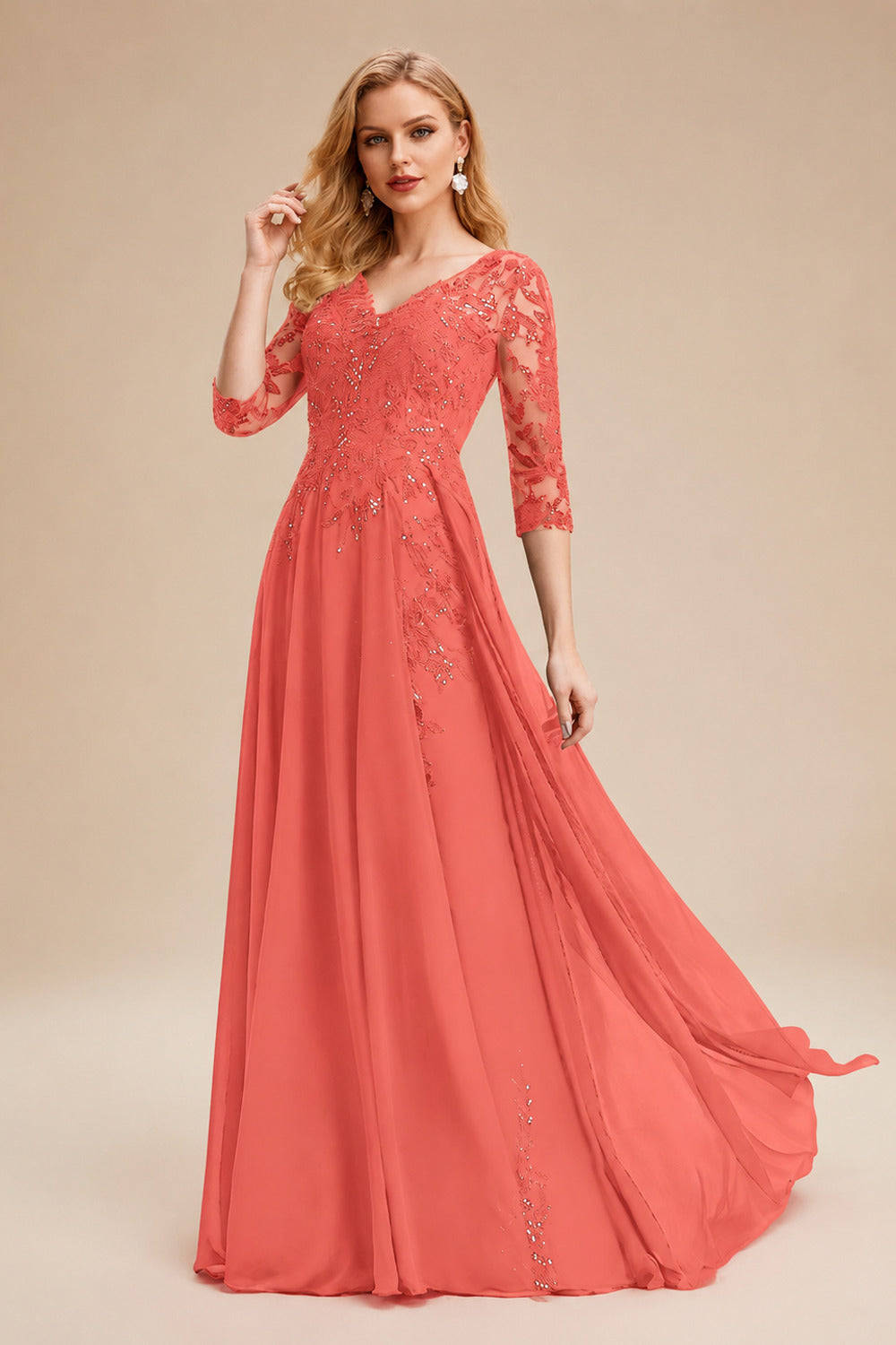 Rutipo Papaya Elegant V-Neck 3/4 Sleeves Floor-Length Chiffon Mother Of The Bride Dresses With Appliques Lace