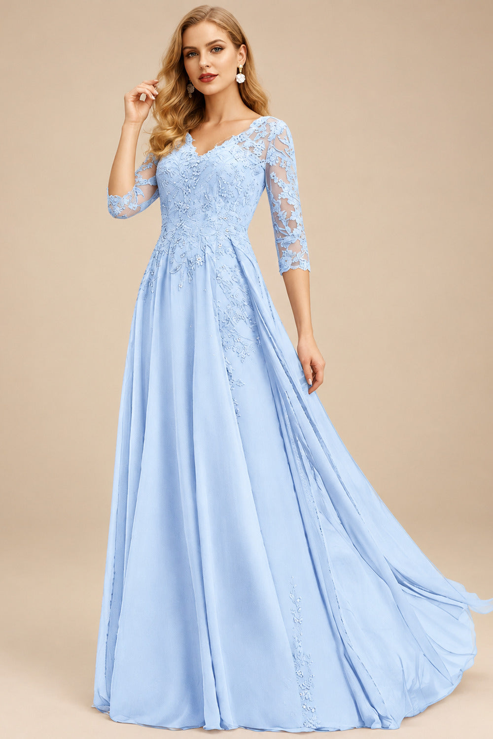 Rutipo Sky Blue Elegant V-Neck 3/4 Sleeves Floor-Length Chiffon Mother Of The Bride Dresses With Appliques Lace