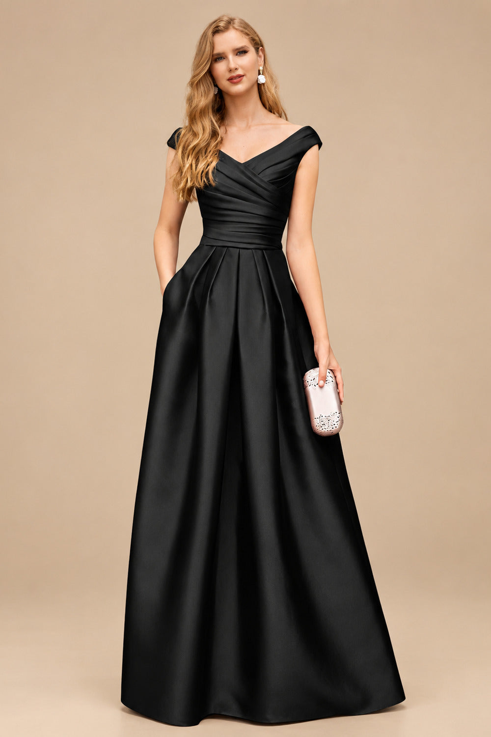 Rutipo Black A-Line Satin Pockets Mother Of The Bride Dresses With Cap Shoulder