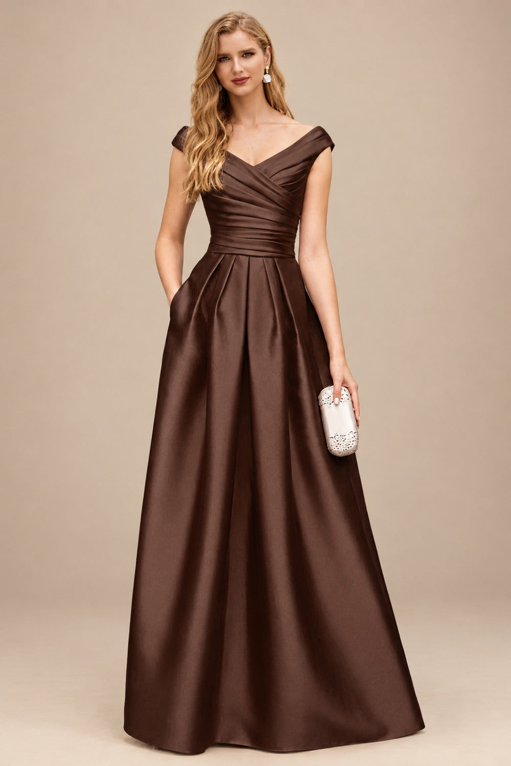 Rutipo Chocolate A-Line Satin Pockets Mother Of The Bride Dresses With Cap Shoulder