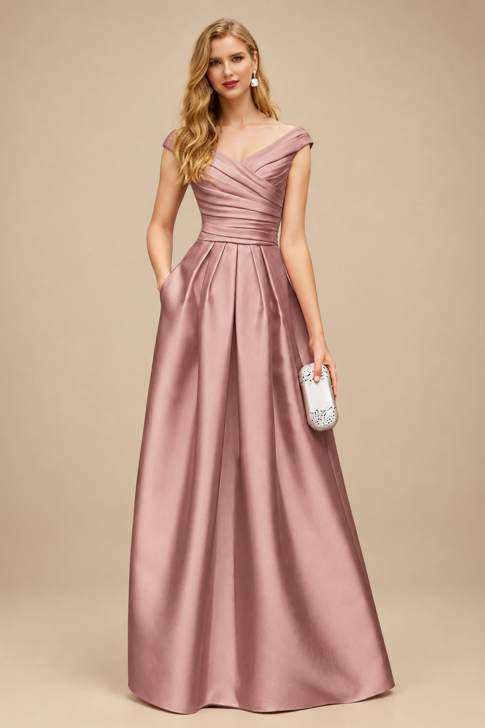 Rutipo Dusty Rose A-Line Satin Pockets Mother Of The Bride Dresses With Cap Shoulder