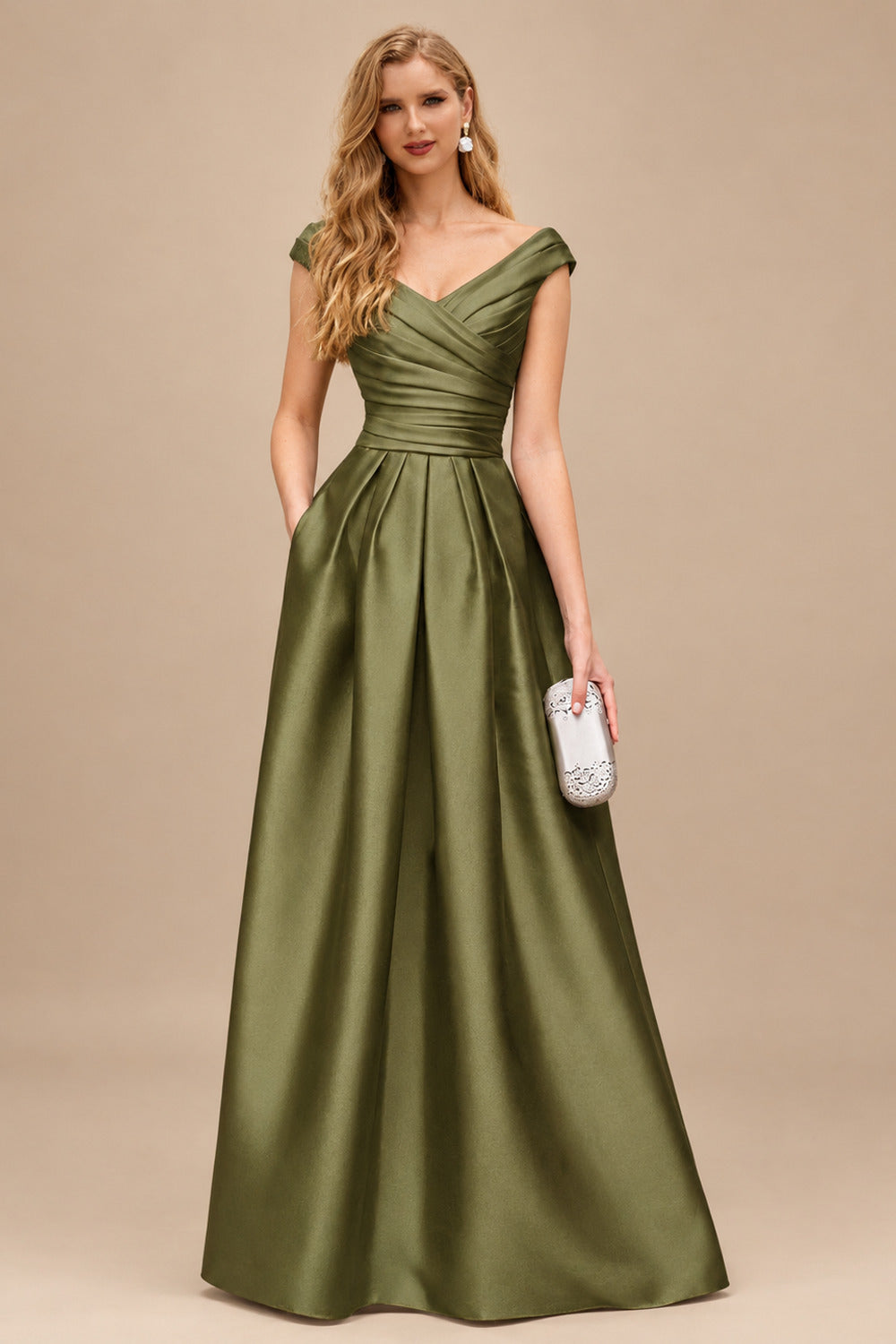 Rutipo Olive Green A-Line Satin Pockets Mother Of The Bride Dresses With Cap Shoulder