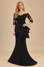 Rutipo Black Exquisite Semi Sheer Illusion Floral Embroidered Off-Shoulder Mother Of The Bride Dresses With Ruffled Waist