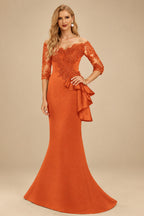 Rutipo Burnt Orange Exquisite Semi Sheer Illusion Floral Embroidered Off-Shoulder Mother Of The Bride Dresses With Ruffled Waist