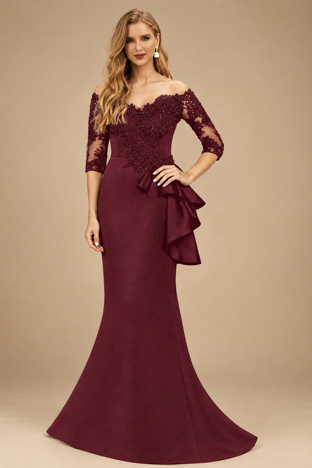 Rutipo Cabernet Exquisite Semi Sheer Illusion Floral Embroidered Off-Shoulder Mother Of The Bride Dresses With Ruffled Waist