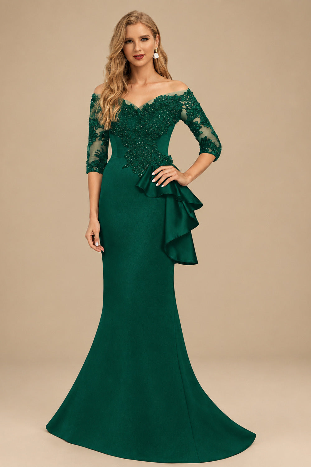 Rutipo Dark Green Exquisite Semi Sheer Illusion Floral Embroidered Off-Shoulder Mother Of The Bride Dresses With Ruffled Waist