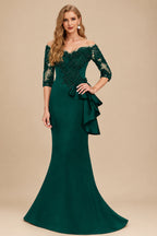 Rutipo Emerald Exquisite Semi Sheer Illusion Floral Embroidered Off-Shoulder Mother Of The Bride Dresses With Ruffled Waist