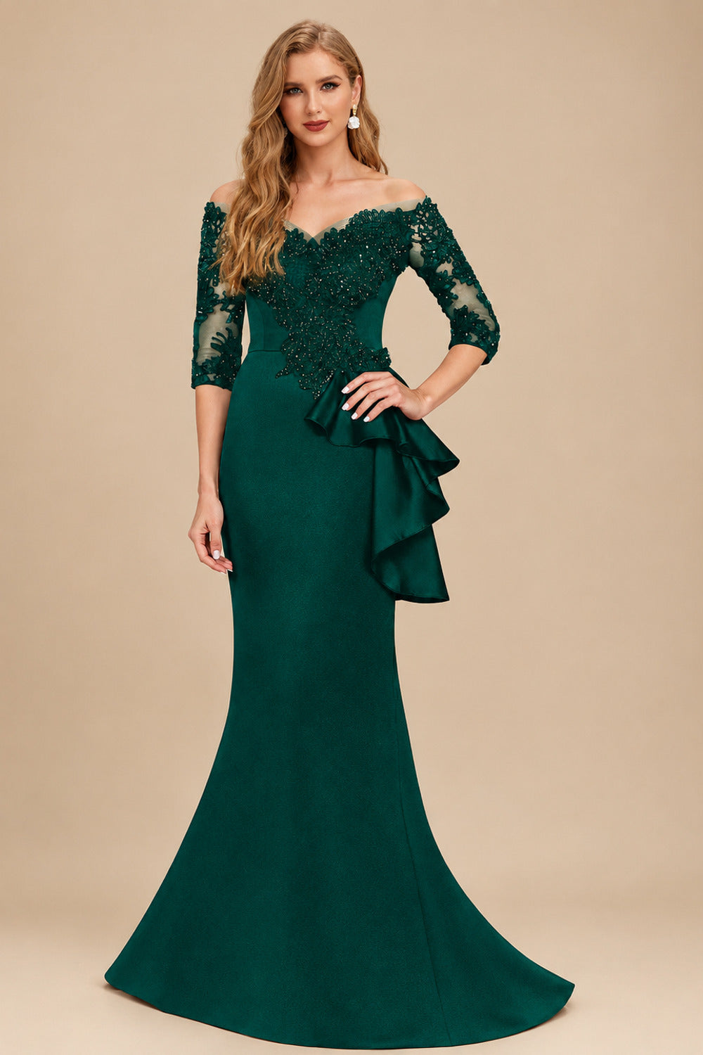 Rutipo Emerald Exquisite Semi Sheer Illusion Floral Embroidered Off-Shoulder Mother Of The Bride Dresses With Ruffled Waist