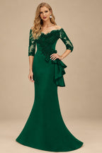 Rutipo Forest Green Exquisite Semi Sheer Illusion Floral Embroidered Off-Shoulder Mother Of The Bride Dresses With Ruffled Waist
