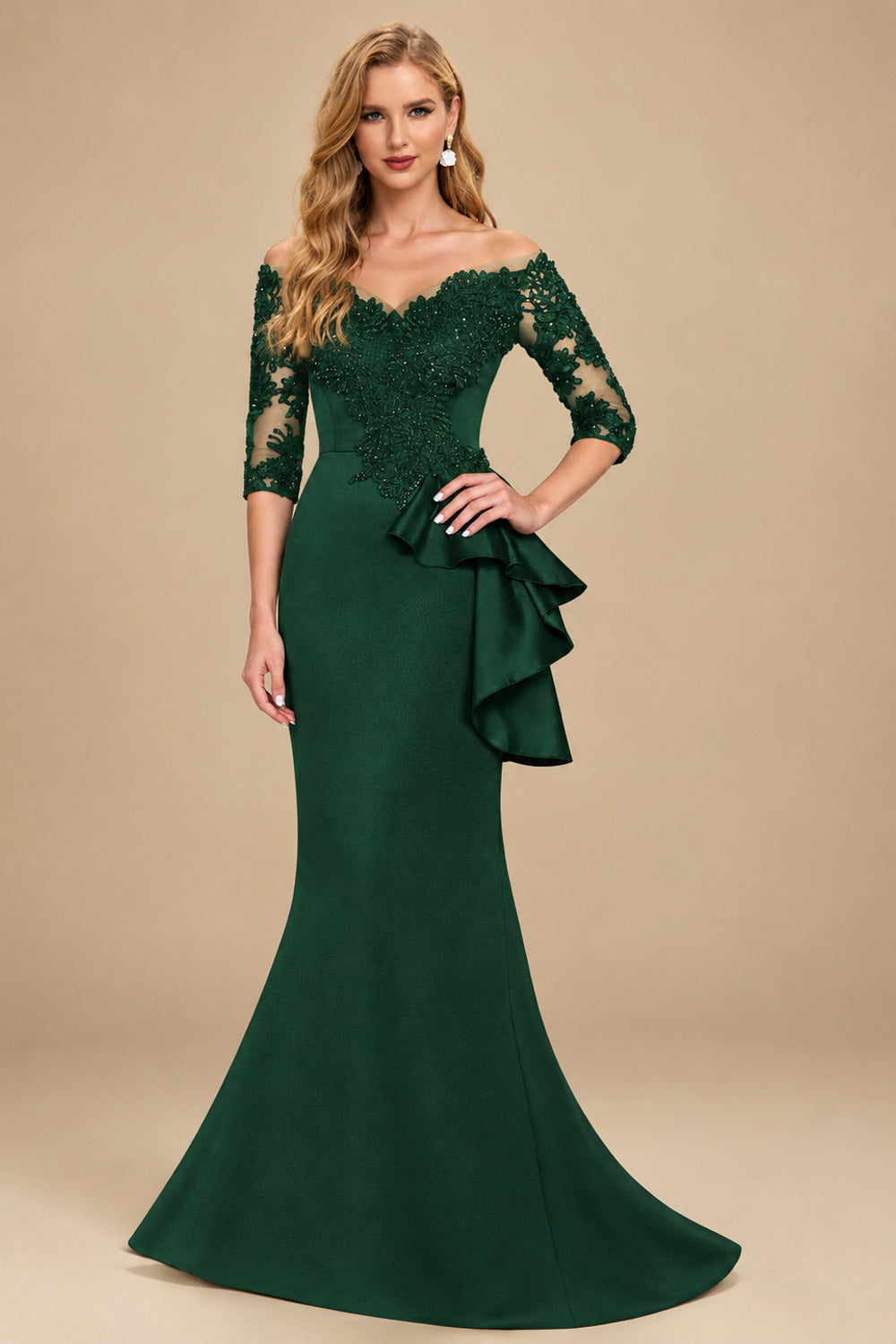 Rutipo Hunter Green Exquisite Semi Sheer Illusion Floral Embroidered Off-Shoulder Mother Of The Bride Dresses With Ruffled Waist