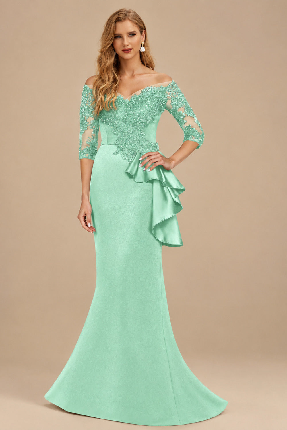 Rutipo Mint Green Exquisite Semi Sheer Illusion Floral Embroidered Off-Shoulder Mother Of The Bride Dresses With Ruffled Waist