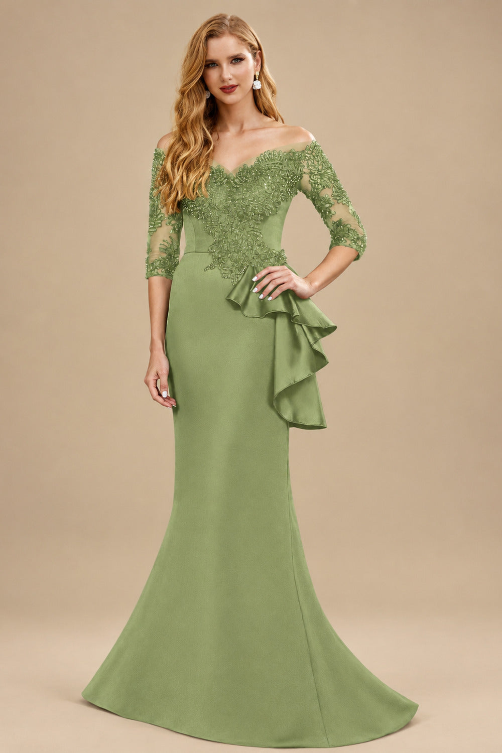 Rutipo Moss Green Exquisite Semi Sheer Illusion Floral Embroidered Off-Shoulder Mother Of The Bride Dresses With Ruffled Waist