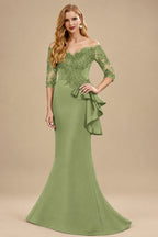 Rutipo Moss Green Exquisite Semi Sheer Illusion Floral Embroidered Off-Shoulder Mother Of The Bride Dresses With Ruffled Waist