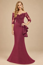 Rutipo Mulberry Exquisite Semi Sheer Illusion Floral Embroidered Off-Shoulder Mother Of The Bride Dresses With Ruffled Waist
