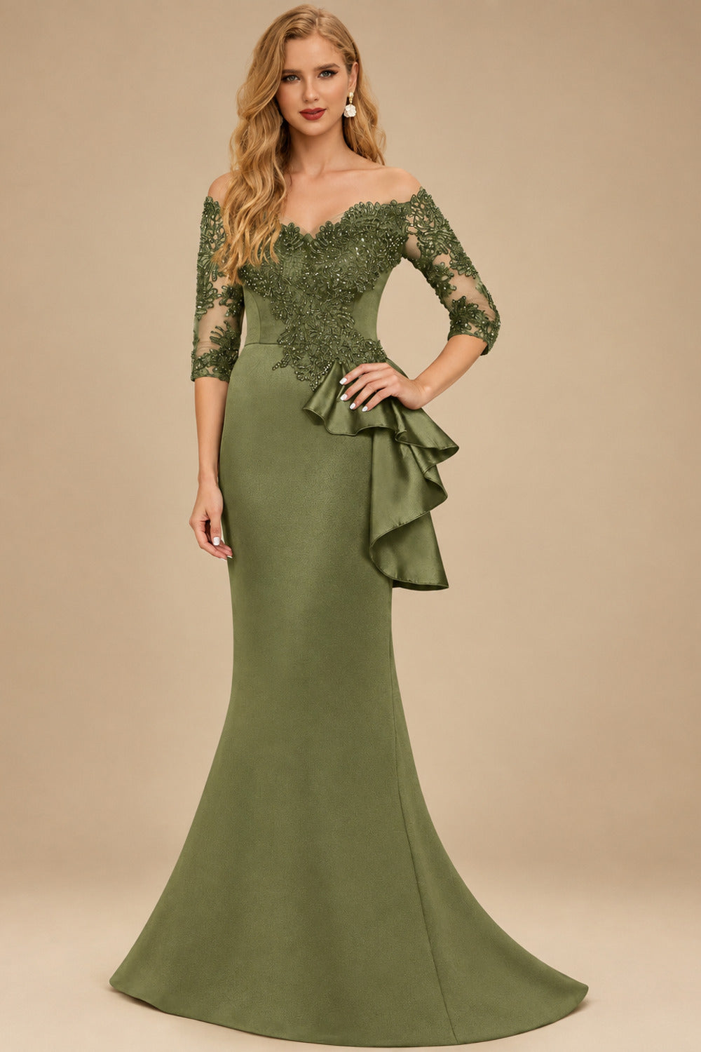 Rutipo Olive Green Exquisite Semi Sheer Illusion Floral Embroidered Off-Shoulder Mother Of The Bride Dresses With Ruffled Waist