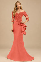 Rutipo Papaya Exquisite Semi Sheer Illusion Floral Embroidered Off-Shoulder Mother Of The Bride Dresses With Ruffled Waist