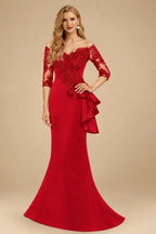 Rutipo Red Exquisite Semi Sheer Illusion Floral Embroidered Off-Shoulder Mother Of The Bride Dresses With Ruffled Waist