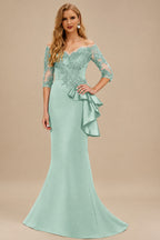 Rutipo Sage Green Exquisite Semi Sheer Illusion Floral Embroidered Off-Shoulder Mother Of The Bride Dresses With Ruffled Waist