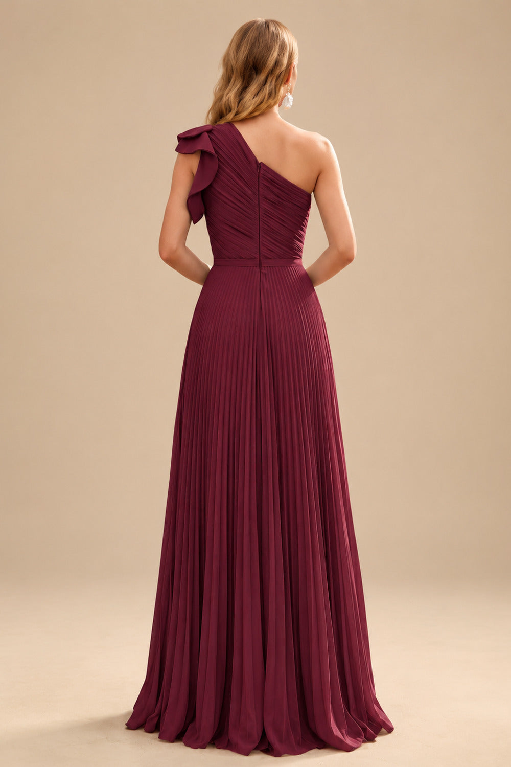 Rutipo Burgundy Elegant Pleated One-Shoulder Sleeveless Floor-Length Mother Of The Bride Dresses With Pleated