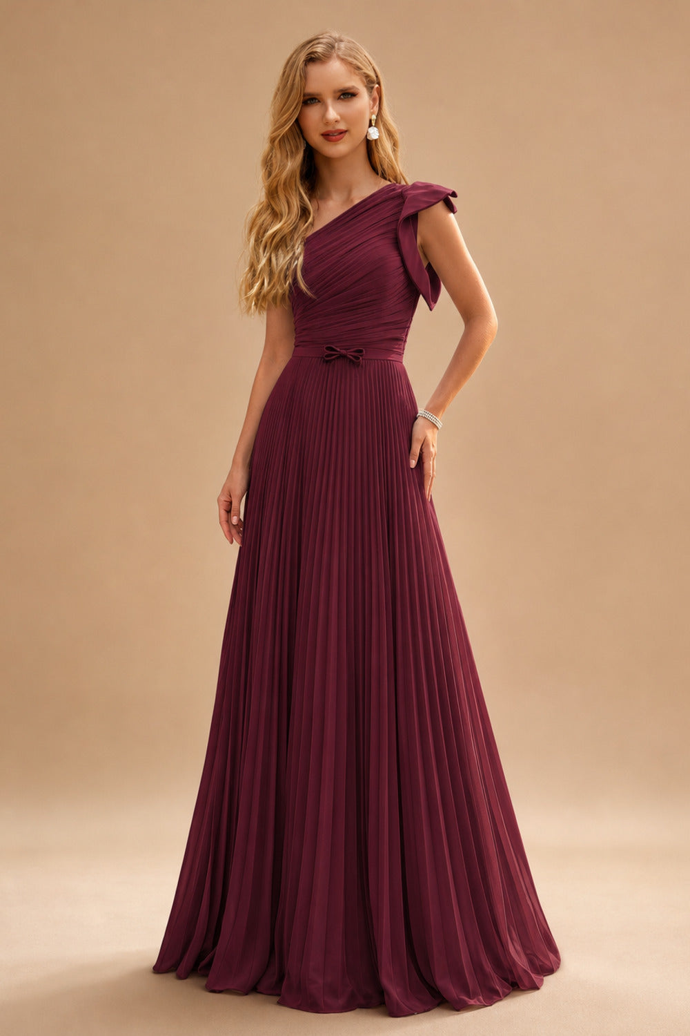 Rutipo Burgundy Elegant Pleated One-Shoulder Sleeveless Floor-Length Mother Of The Bride Dresses With Pleated