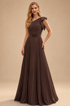 Rutipo Chocolate Elegant Pleated One-Shoulder Sleeveless Floor-Length Mother Of The Bride Dresses With Pleated