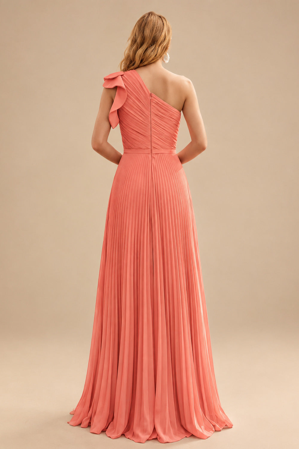 Rutipo Papaya Elegant Pleated One-Shoulder Sleeveless Floor-Length Mother Of The Bride Dresses With Pleated