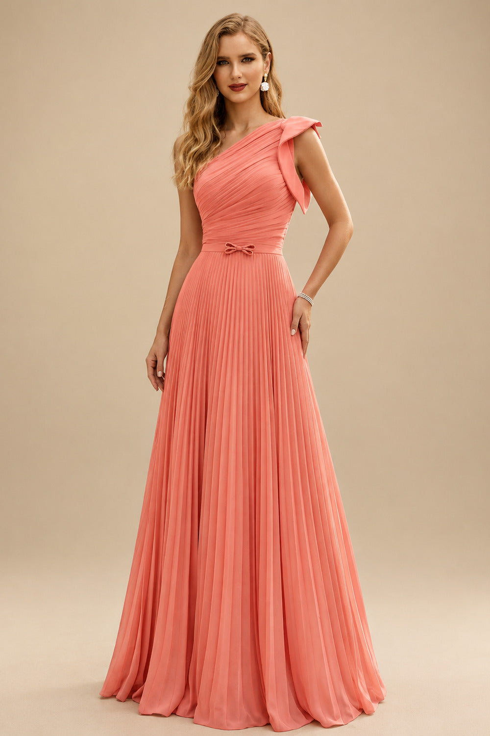 Rutipo Papaya Elegant Pleated One-Shoulder Sleeveless Floor-Length Mother Of The Bride Dresses With Pleated