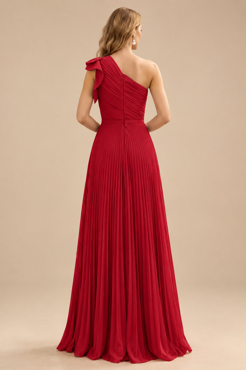 Rutipo Red Elegant Pleated One-Shoulder Sleeveless Floor-Length Mother Of The Bride Dresses With Pleated