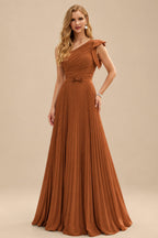 Rutipo Terracotta Elegant Pleated One-Shoulder Sleeveless Floor-Length Mother Of The Bride Dresses With Pleated