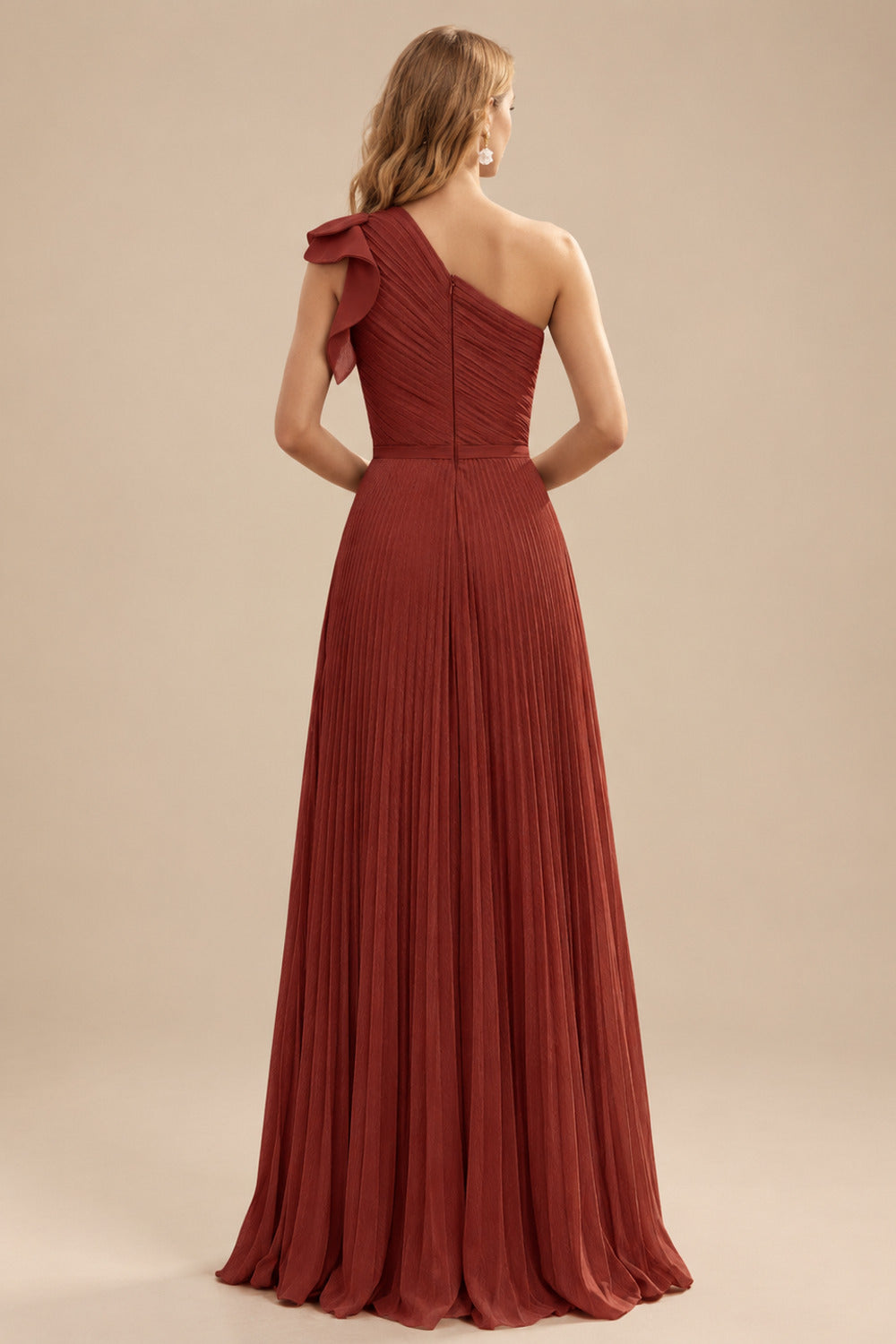 Rutipo Vermilion Elegant Pleated One-Shoulder Sleeveless Floor-Length Mother Of The Bride Dresses With Pleated