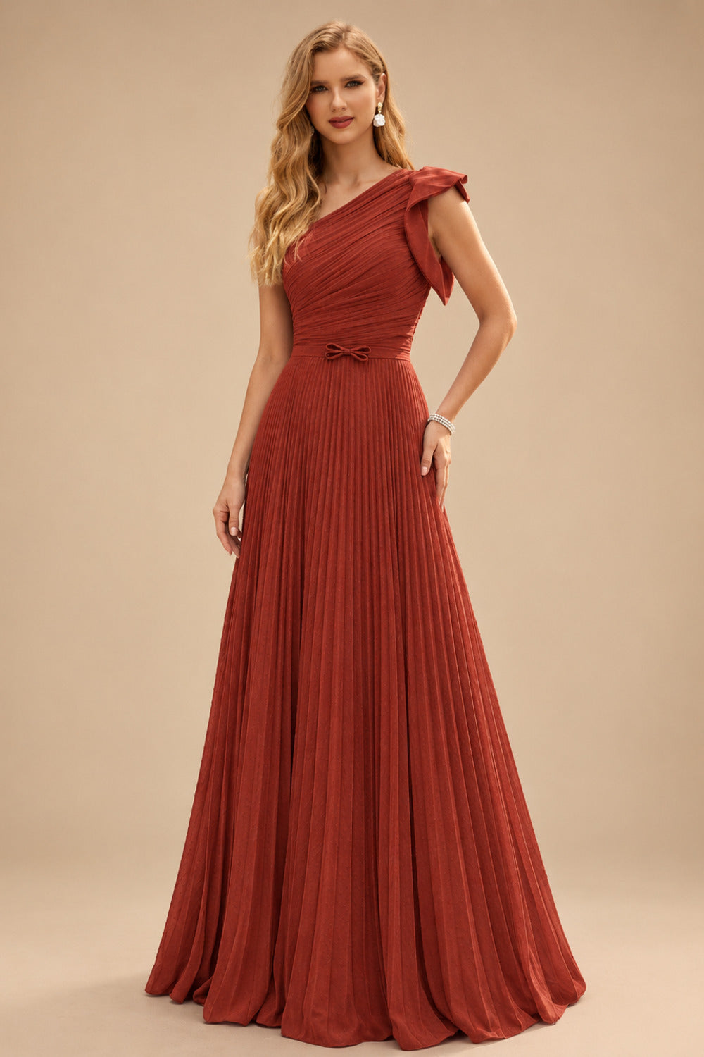 Rutipo Vermilion Elegant Pleated One-Shoulder Sleeveless Floor-Length Mother Of The Bride Dresses With Pleated