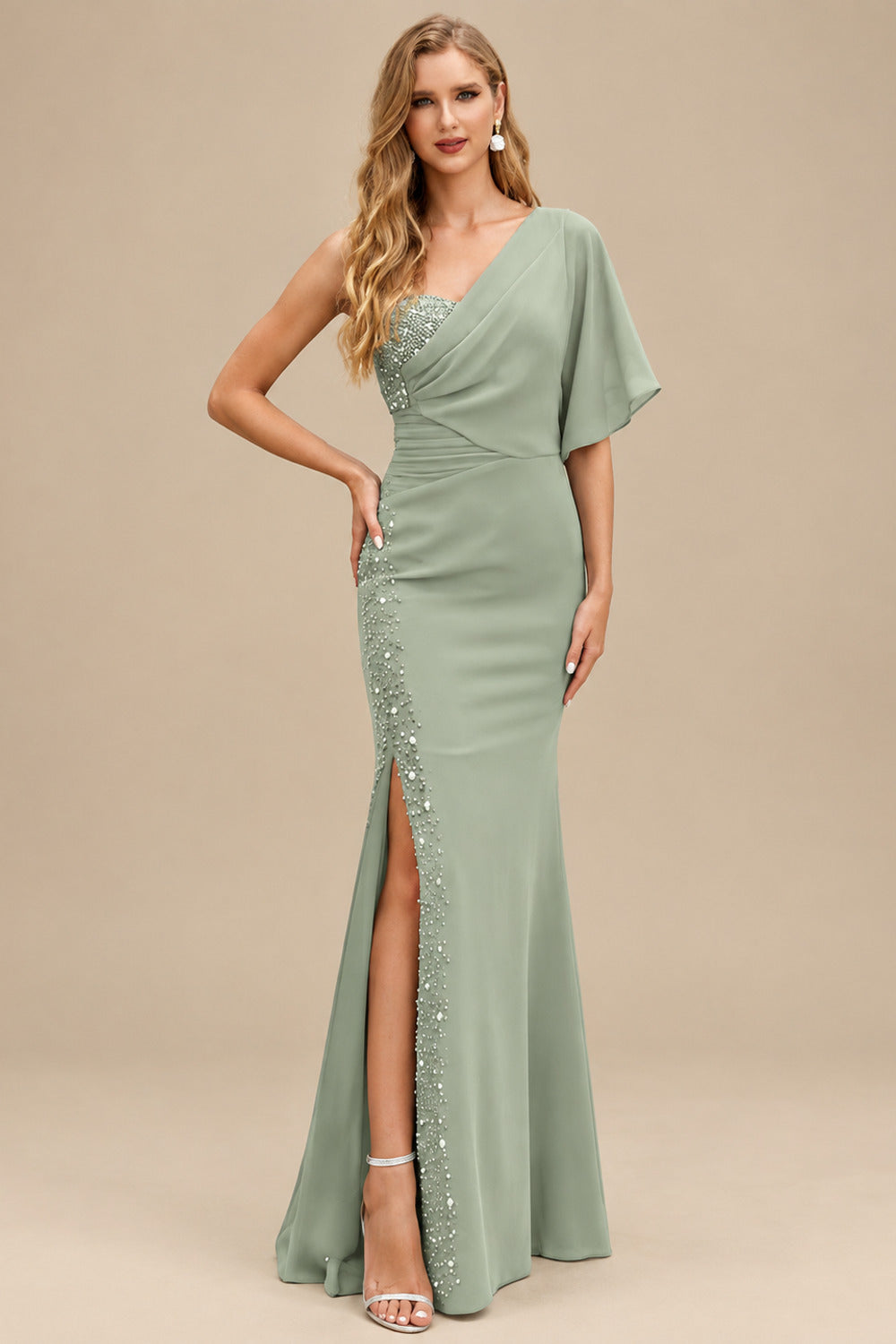 Rutipo Celadon One-Shoulder Luxury Beading Trumpet/Mermaid Mother Of The Bride Dresses