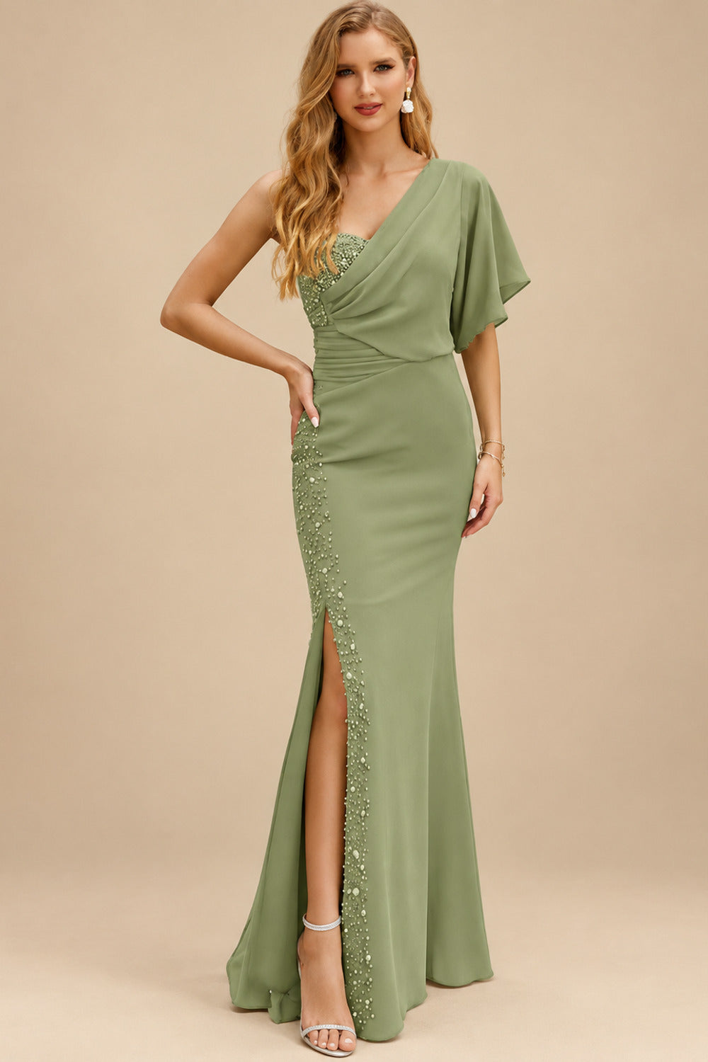 Rutipo Moss Green One-Shoulder Luxury Beading Trumpet/Mermaid Mother Of The Bride Dresses
