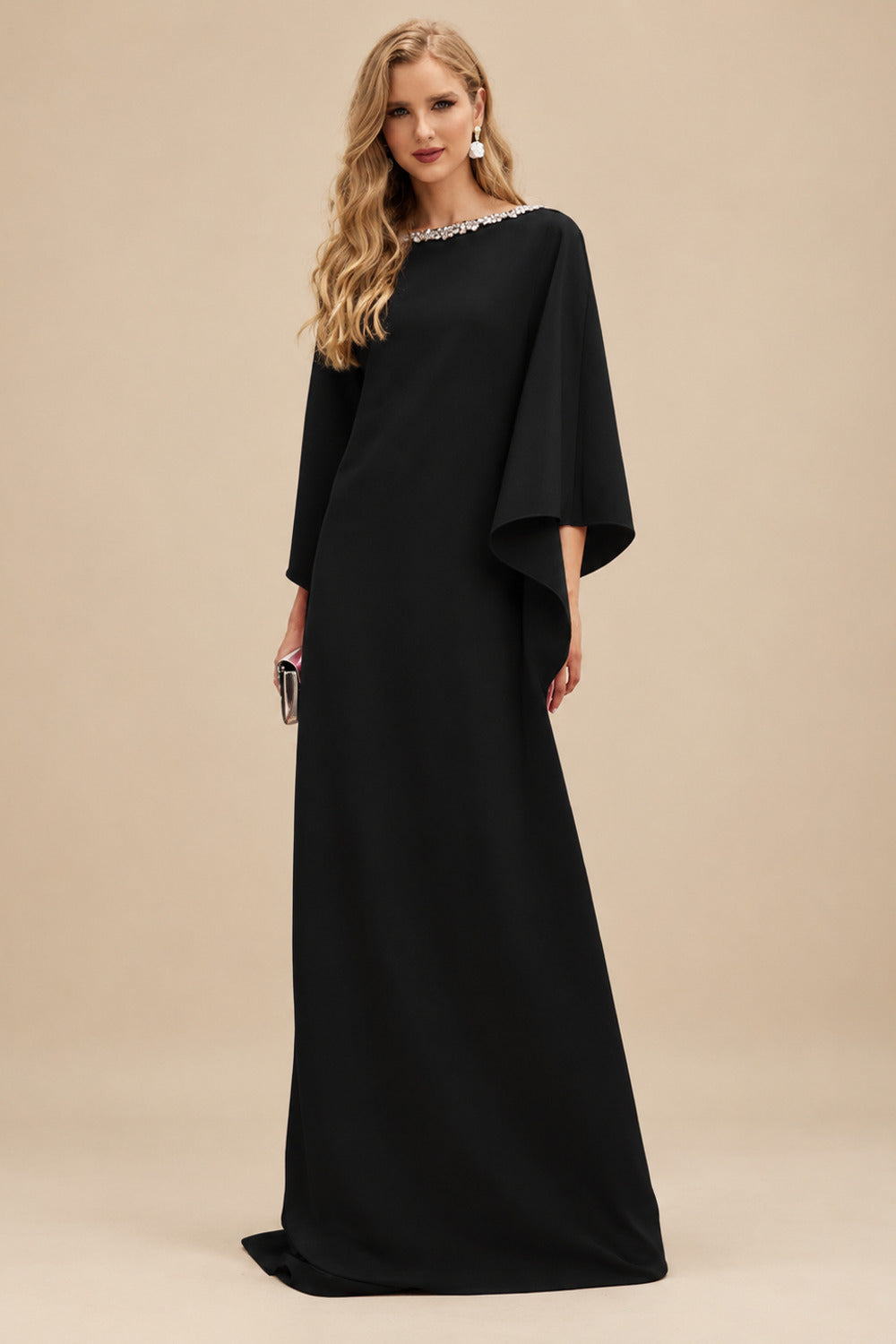 Rutipo Black Modest Sparkle Scoop Neck Bell Sleeves Stretch Chiffon Mother Of The Bride Dresses