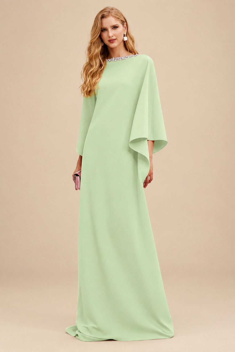 Rutipo Celadon Modest Sparkle Scoop Neck Bell Sleeves Stretch Chiffon Mother Of The Bride Dresses