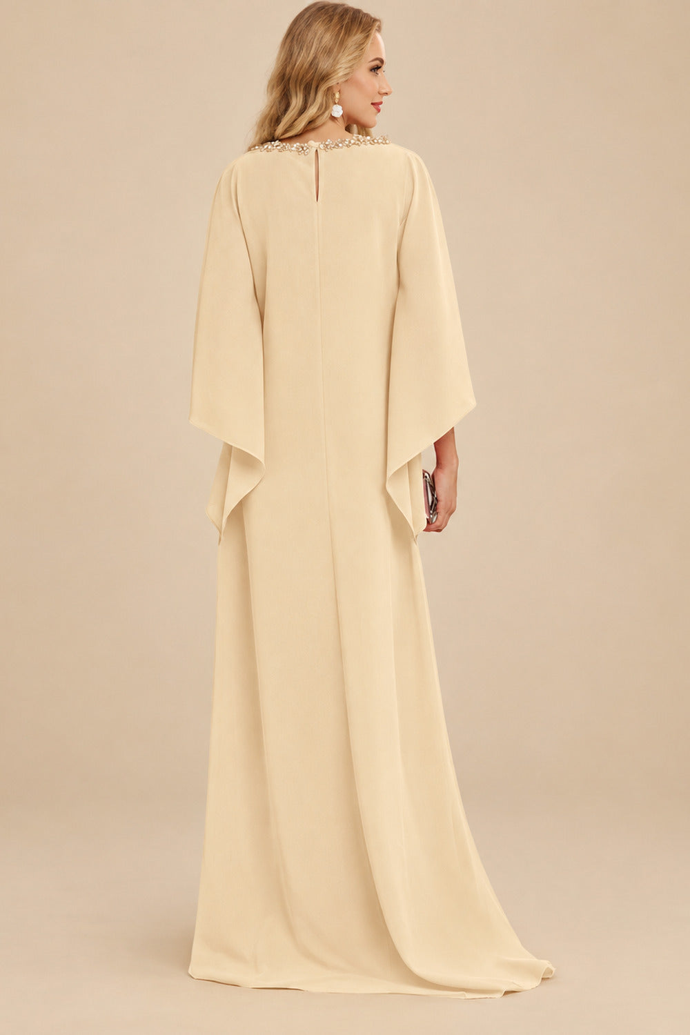 Rutipo Champagne Modest Sparkle Scoop Neck Bell Sleeves Stretch Chiffon Mother Of The Bride Dresses
