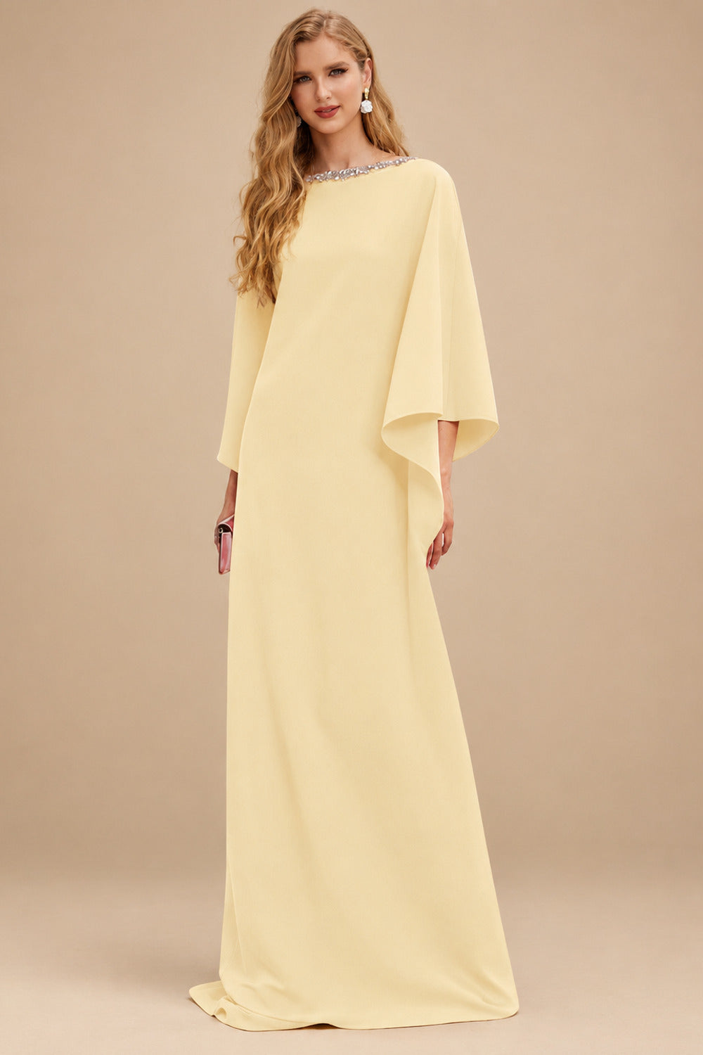 Rutipo Champagne Modest Sparkle Scoop Neck Bell Sleeves Stretch Chiffon Mother Of The Bride Dresses