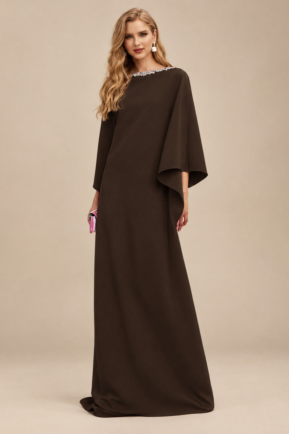 Rutipo Chocolate Modest Sparkle Scoop Neck Bell Sleeves Stretch Chiffon Mother Of The Bride Dresses