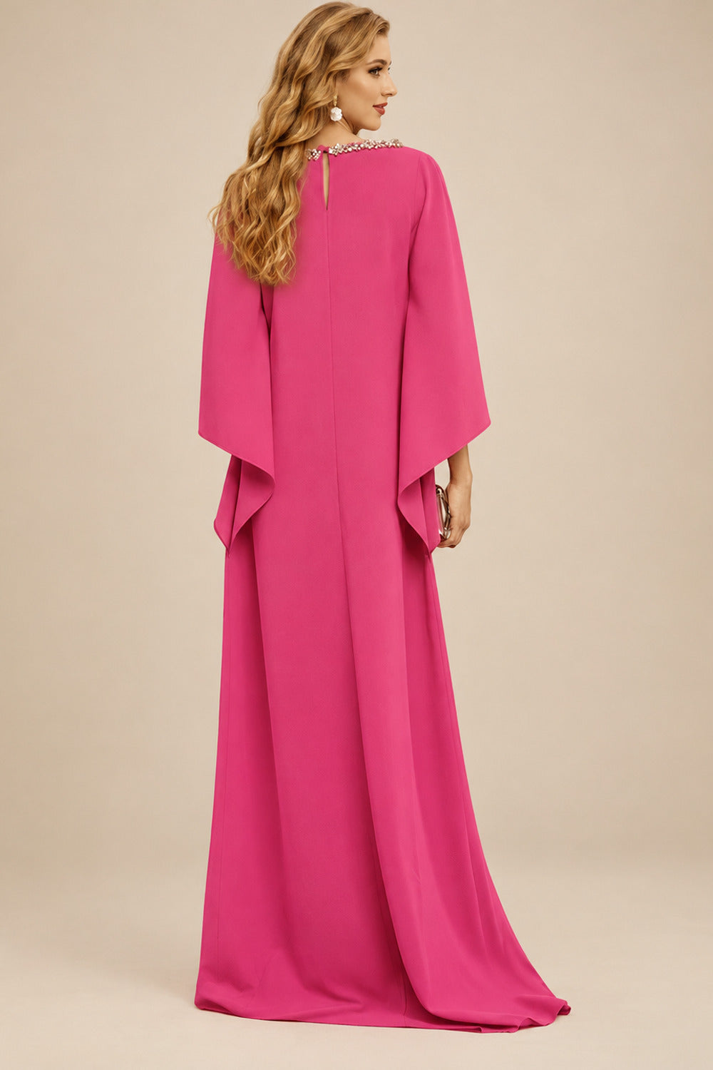 Rutipo Hot Pink Modest Sparkle Scoop Neck Bell Sleeves Stretch Chiffon Mother Of The Bride Dresses