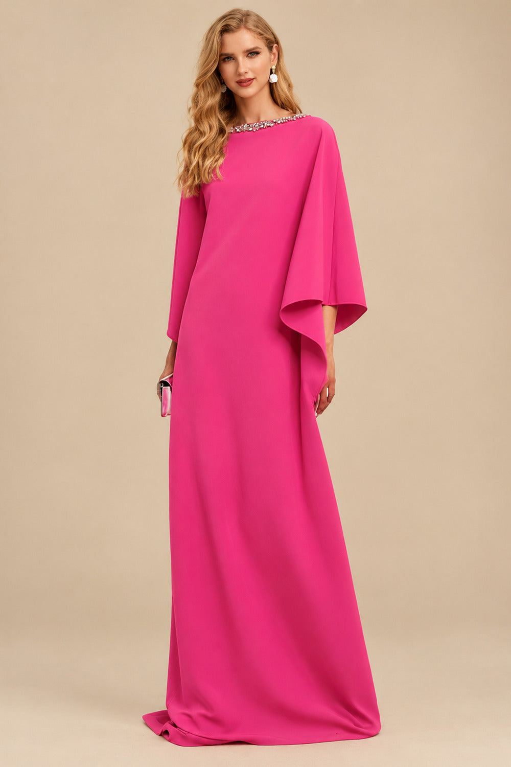 Rutipo Hot Pink Modest Sparkle Scoop Neck Bell Sleeves Stretch Chiffon Mother Of The Bride Dresses